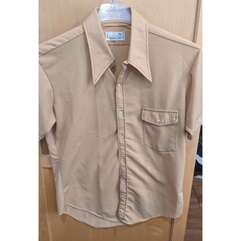 Vintage Parliament Short‎ Sleeve Button Down Polyester Large 16 16.5 PIN HOLED